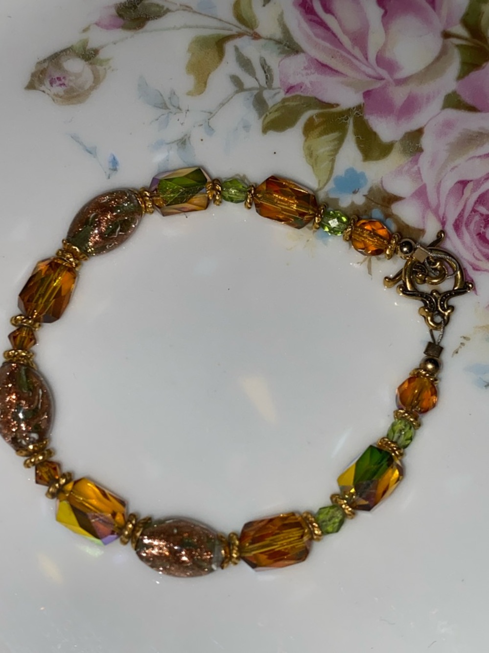 Gold-Tone Amber and Green Swarovski Crystal Bead Bracelet
